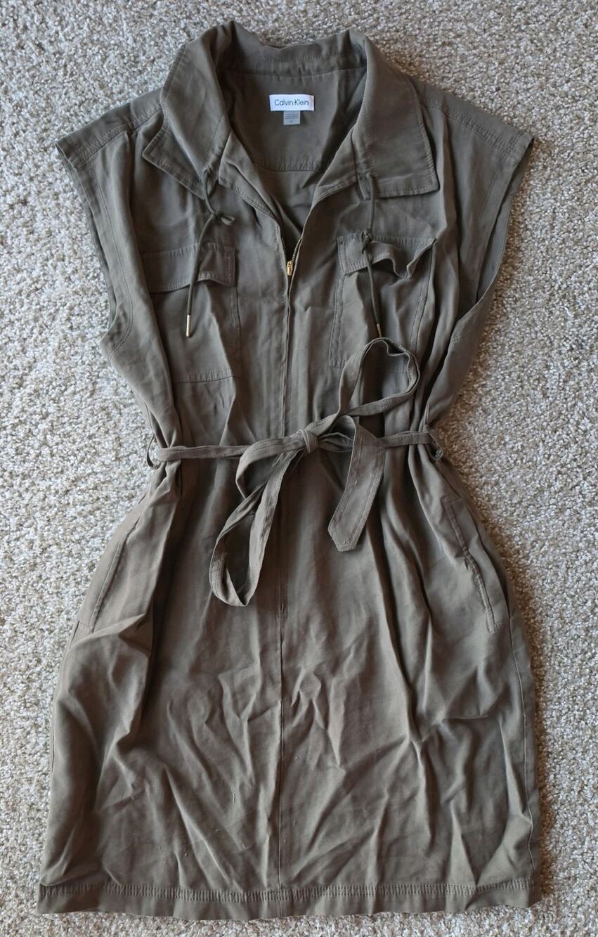 Calvin Klein Women's Olive Green Belted Trench Utility Shirtdress Size 16